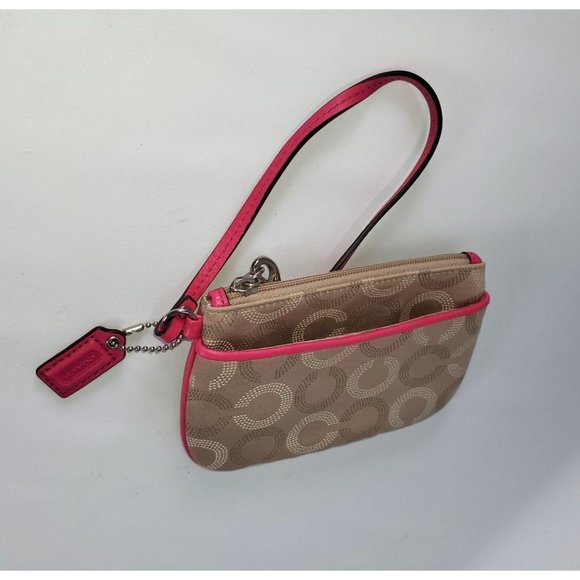 Coach Women's Beige Canvas  Pink Leather Trim Dotted Ashley Wristlet Sz S 17 - Picture 8 of 9